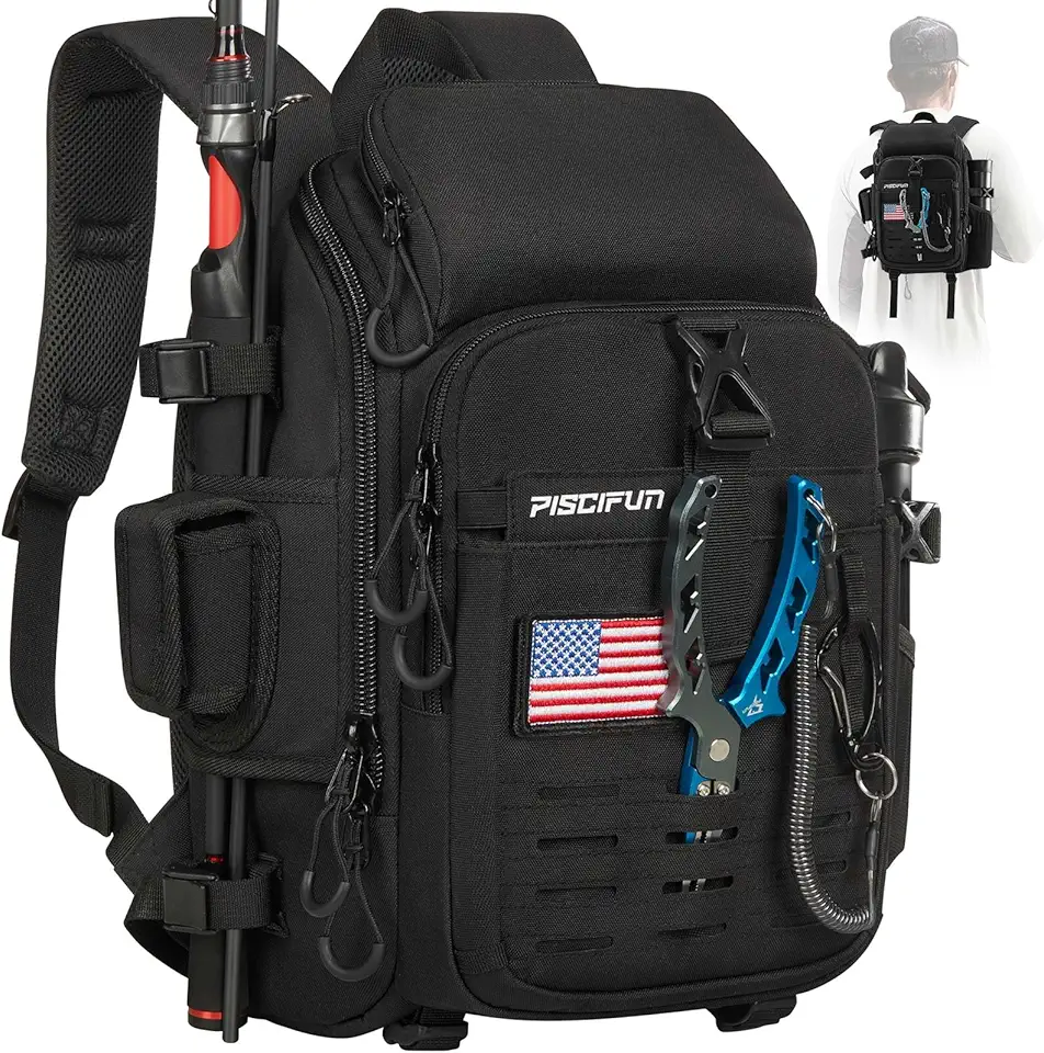 Fishing Tackle Backpack with Rod & Gear Holder, Lightweight Fishing Tackle Storage Bag with Protective Rain Cover