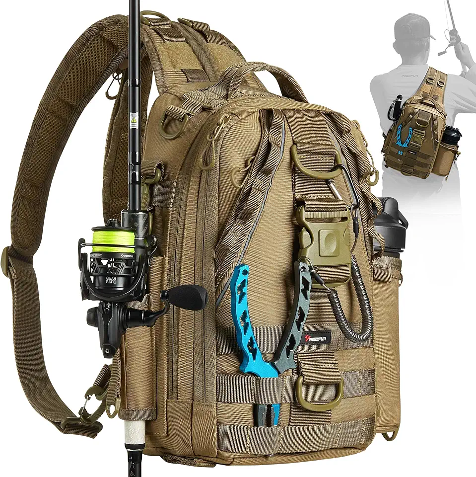 Fishing Tackle Backpack with Rod & Gear Holder, Lightweight Outdoor Water-Resistant Fishing Shoulder Storage Bag
