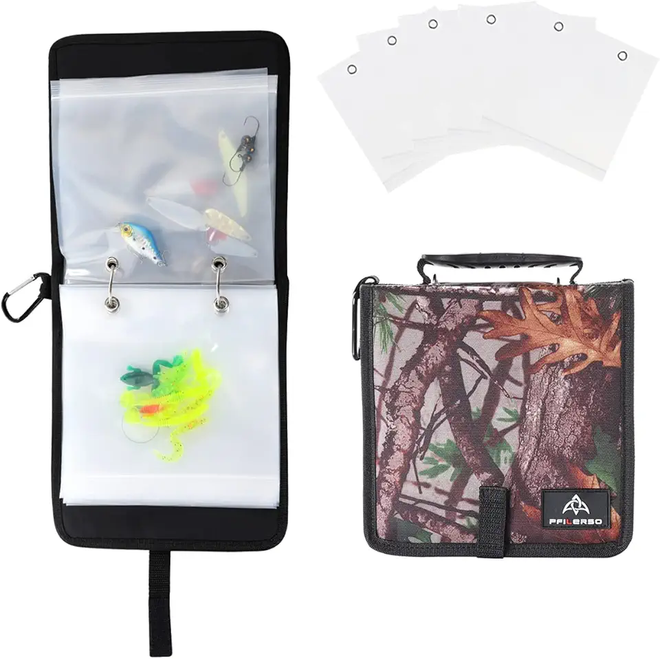 Fishing Tackle Binder Lure Biat Organized Storage Bag for Soft Worms Rigs Jigs and Lines Fishing Tackle Wallet Case with 15+5pcs Transparent Thickened Ziplock Bag (Tree Camouflage)