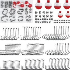 Fishing Tackle Kit,90PCS/166PCS Beginner Equipment Fishing Float Bobbers,Circle Hooks,Sinker Weights Bass Fish Hook,Octopus Baitholder Hooks Starter Kit for Artificial Live Bait