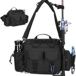 Fishing Tackle Sling Bag - Crossbody Fly Fishing Gear Organizer Pack for Hiking Camping Hunting - Waist Bag for Men - 1000D Nylon Waterproof (Black)