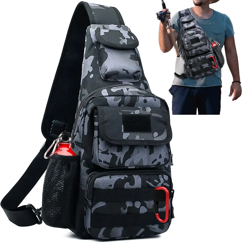 Fishing Tackle Sling Bags Small Chest Bag with Earphone Hole and USB Charging Port, Weatherproof Shoulder Crossbody Backpack for Fly Fishing, Camping, Hiking, Outdoor Sports