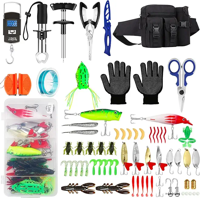 Fishing Tool Kit - 112pcs Fishing Gear & Equipment, Fish Pliers, Hook Remover, Scale, Scissors, Lip Gripper, Lures