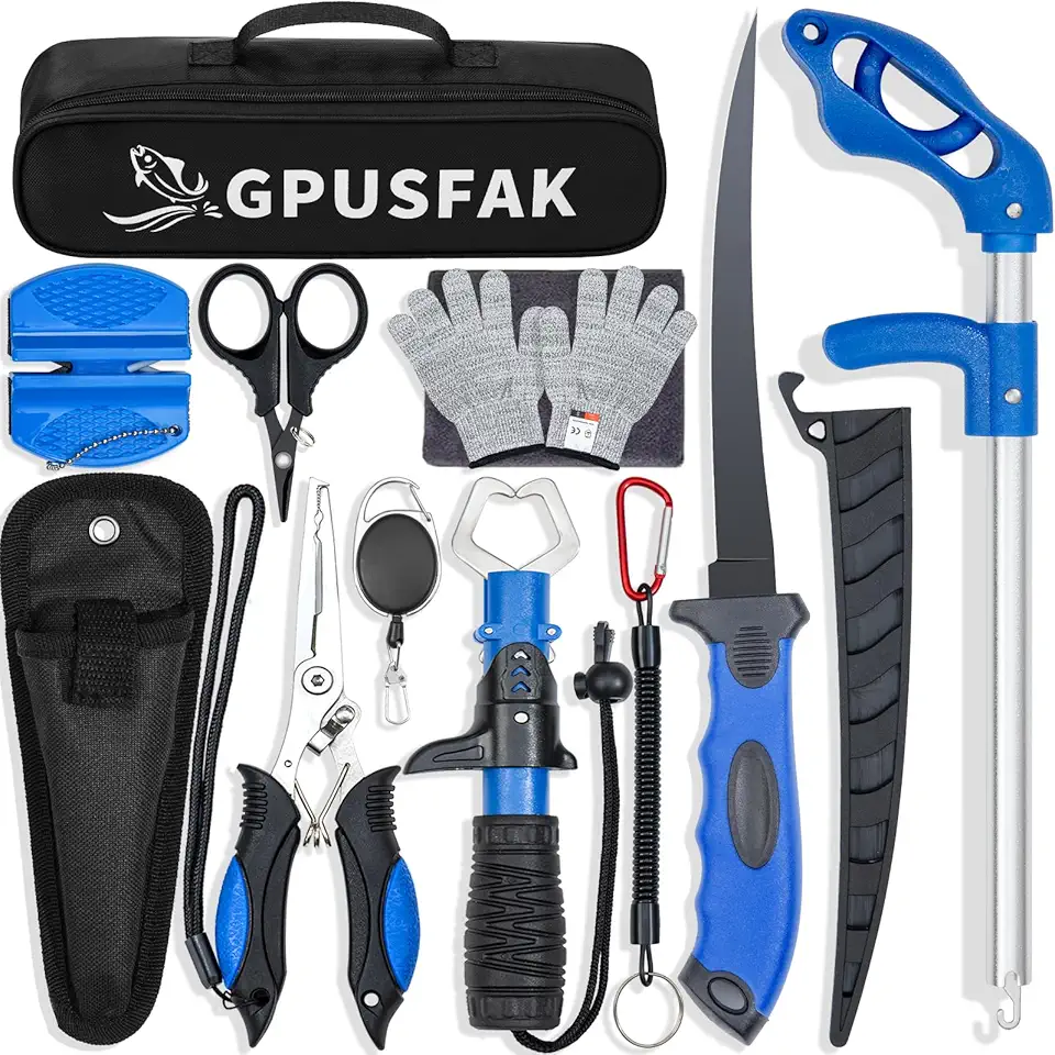 Fishing Tool Kit - 8 Pieces Gear With Pliers, Lanyard, Fillet Knife, Fish Lip Gripper, Fly Ice Hook Extractor, Anti-Cutting Gloves