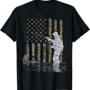 Fly Fishing Fisherman American Flag Camouflage Fly Tying T-Shirt