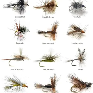 Fly Fishing Flies | 48 Flies for Fly Fishing | Trout Flies in 12 Patterns (2 of Each), Size 12 &14 | Fly Fishing Kit Includes Fly Box | Premium Dry Flies for Trout Fishing