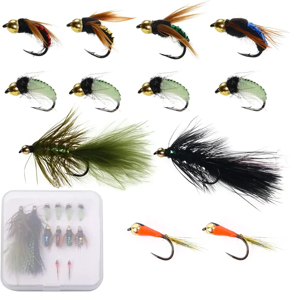 Fly Fishing Flies Kit, Premium Hand-Tied Fly Fishing Flies Assortment, Dry/Wet Flies, Nymphs Scud Streamers Flies with Portable Fly Fishing Box for Trout Bass Fishing Lures