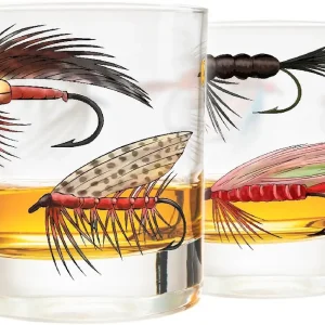 Fly Fishing Glass Set for Fisherman and Outdoorsman � Fly Lures Themed 10 oz Whiskey Drinking Glass Set of 2