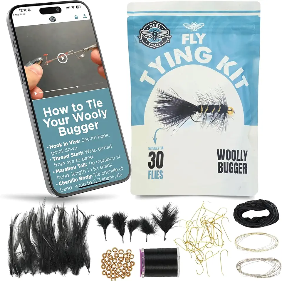 Fly Tying Kit for 30 Black Woolly Bugger Flies � Premium Fly Tying Materials, Black Hackle & Marabou Feathers, Ideal for All Skill Levels, Perfect for Fly Tying and Fly Fishing Trout, Bass, & Panfish