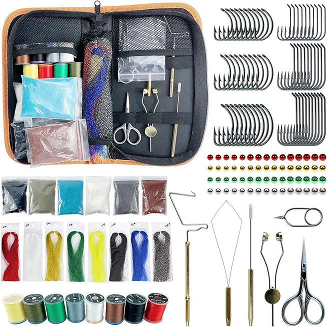 Fly Tying Kit Material Tools Kit Bobbin Fly Hooks Scissors Fly Beads Threader Needle Whip Finisher Fly Fishing Flies Starter Making Kit with Carry Bag