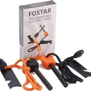 FOSTAR Ferrocerium Alloy Rod Fire Starter, 5/16 Inch Thick Waterproof Fire Steel, Bushcraft Ferro Rod with Easy Grip Handle, Multi-Tool Striker and Paracord Lanyard (2PCS, Black and Orange)