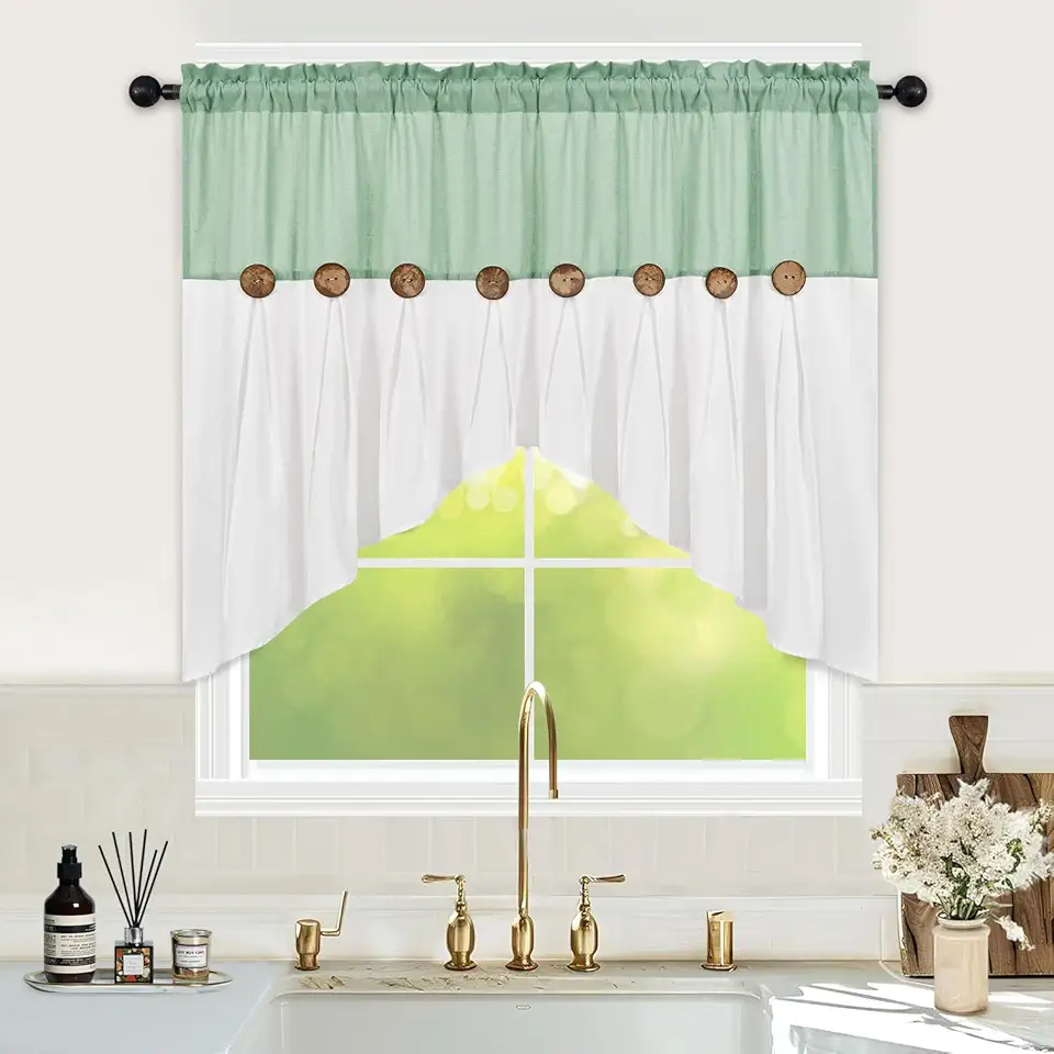 FRAMICS Farmhouse Swag Curtain, Boho Cotton Linen Valance Curtain, Sage Green Rustic Button Window Valance for Kitchen Bathroom Bedroom, Country Rod Pocket Valances for Windows, 52 x 36 Inch