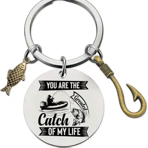 Funny Couple Fishing Keychain Gifts - Silver Fish Hook Keychain Novelty Cool Keyring for Men Dad Husband Birthday Christmas
