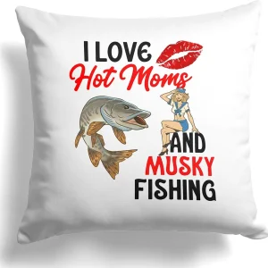Funny Fishing Gift Pillow Musky Muskie Fish Mens Cushion Cover w/Insert Dad Grandpa Father Uncle Birthday Fly Fisherman (White, 16x16in)