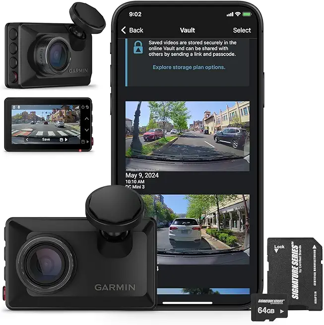 Garmin Dash Cam X210 Compact 1440p HD Camera | 140� FOV, Clarity Polarizer, Voice Control, GPS, 2.4" Display, Automatic Incident Detection Recording | Signature Series 64GB Micro SDXC Card