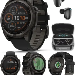 Garmin Fenix 8 47 mm, Multisport GPS Smartwatch, Solar, Sapphire, Carbon Gray DLC Titanium with Black/Pebble Gray Silicone, Built-in LED Flashlight, Voice Control Black Earbuds Bundle