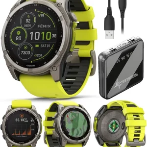 Garmin Fenix 8 � 51 mm, Solar, Sapphire Amp Yellow/Graphite Silicone GPS Smartwatch with Wearable4U Power Bank Bundle