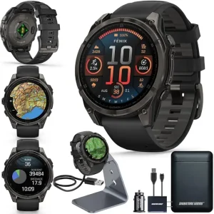 Garmin Fenix 8 Premium Multisport GPS Running Smartwatch, 47 mm | AMOLED, Dive-Rated, Built-in Flashlight | Carbon Gray DLC Titanium with Pebble Gray Band with Signature Series Charging Stand