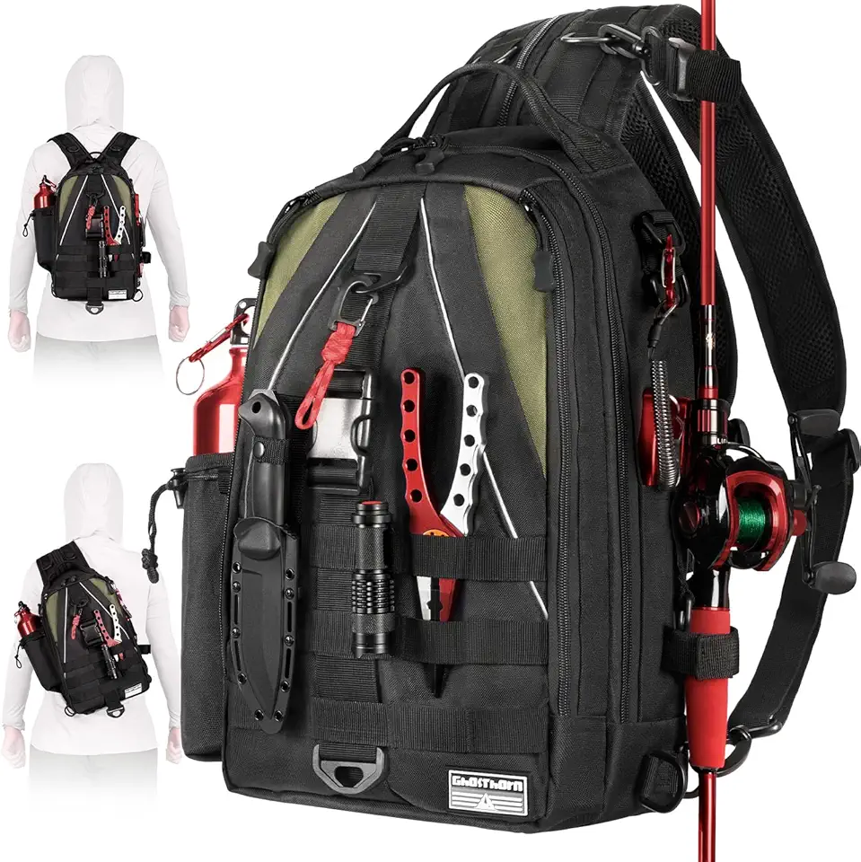 Ghosthorn Fishing Backpack with Rod Holder - Tackle Sling Bag - Fly Fishing Gifts for Men and Women