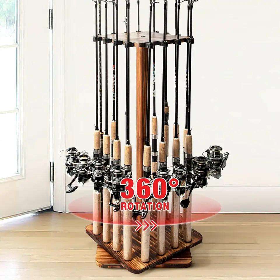 Ghosthorn Fishing Rod Holders for Garage 360 Degree Rotating Fishing Pole Rack, Floor Stand Holds up to 16 Rods Wood Fishing Gear Equipment Storage Organizer, Fishing Gifts for Men