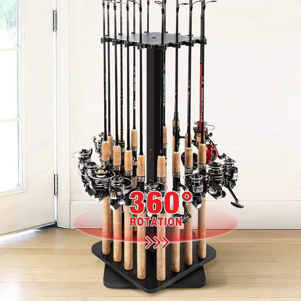 Ghosthorn Fishing Rod Holders for Garage 360 Degree Rotating Fishing Pole Rack, Floor Stand Holds up to 16 Rods Wood Fishing Gear Equipment Storage Organizer, Fishing Gifts for Men