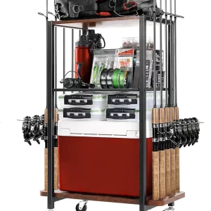 Ghosthorn Fishing Rod Holders for Garage, Fishing Gear and equipment Rotating Tackle Storage Cart, Pole Rod Rack Hold up to 10 Rods, Fishing Gifts for Men, Brown
