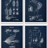 Gnosis Picture Archive Navy Blue Fishing Decor Set of 4 Unframed Art Prints Fly rod reel Lure Patents