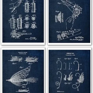 Gnosis Picture Archive Navy Blue Fishing Decor Set of 4 Unframed Art Prints Fly rod reel Lure Patents
