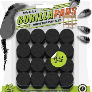 GorillaPads 1 Inch Non-Slip Furniture Pads/Gripper Feet Skids (Set of 32) Self Adhesive Rubber Floor Protectors, Round, Black, CB147-32