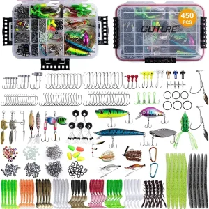 Goture 450 Pcs Fishing Lures Accessories Kit with Tackle Box - Fishing Accessories Kit Hooks Minnow Crankbait Frog Popper Lure Worm Fishing Spoon Spinner Bait Fishing Gifts for Men