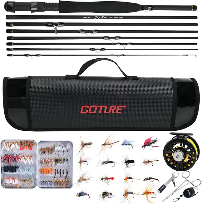 Goture Fly Fishing Rod and Reel Combo 9FT 8-Sections Fly Fishing Pole, Pre-Lined Fly Fishing Reel, 80/90 Pcs Fishing Flies with Box, Waterproof and Portable Bag, Fly Fishing Starter Kit