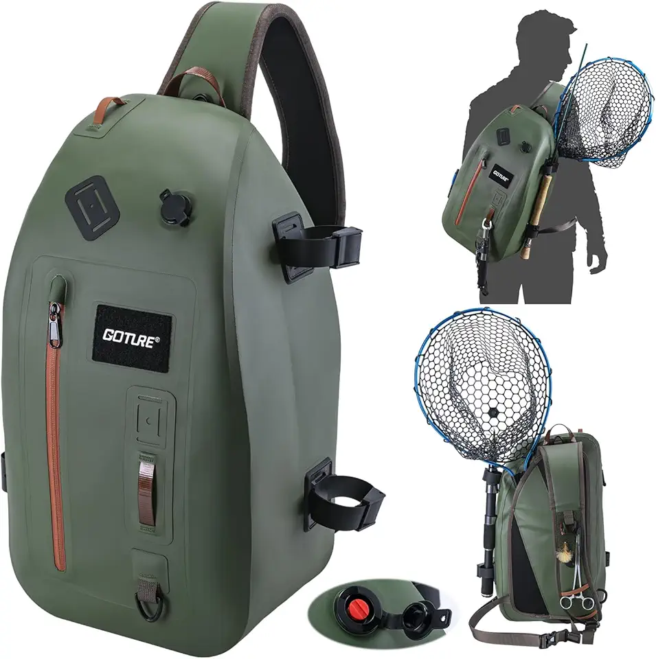 Goture Waterproof Fly Fishing Sling Pack, IPX8 840D TPU Fishing Sling Bag, 13L Tackle Backpack with Rod Holder,Airtight Zipper,Exhaust Valve,Adjustable Strap,Cross Body Gear Storage Bag,Gift for Men