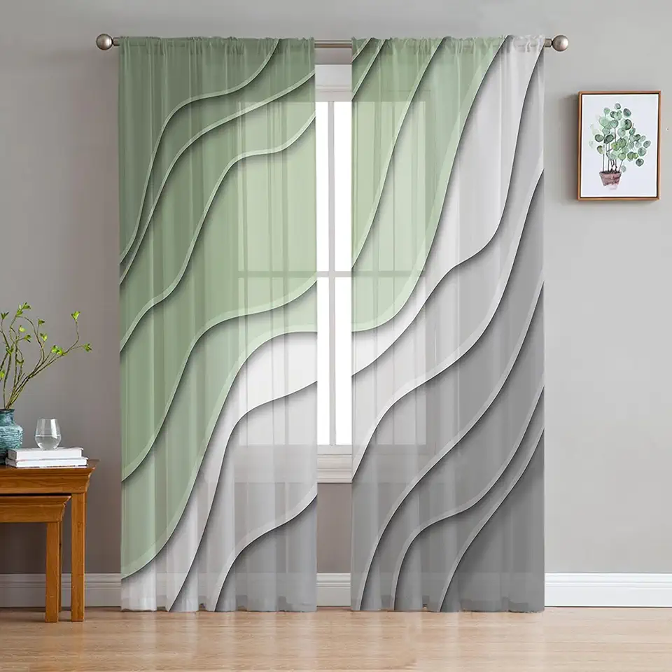 Gradient Sheer Curtains 72 Inch Long 2 Panels, Sage Green Grey Wave Curtains for Living Room Rod Pocket Sheer Drapes Light Filtering Voile Window Treatment 52" W x 72" L