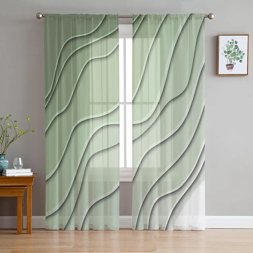 Gradient Sheer Curtains 72 Inch Long 2 Panels, Sage Green Wave Pattern Curtains for Living Room Rod Pocket Sheer Drapes Light Filtering Voile Window Treatment 52" W x 72" L