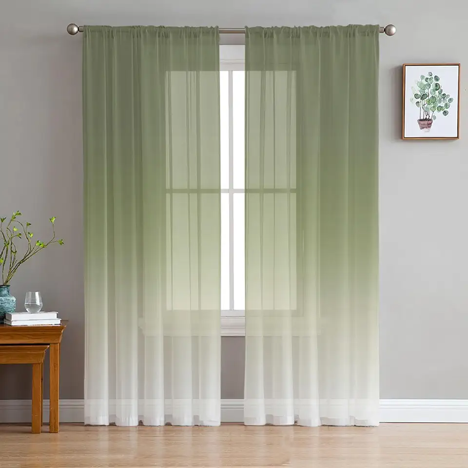 Gradient Sheer Curtains 72 Inch Long 2 Panels, Sage Green White Ombre Curtains for Living Room Rod Pocket Sheer Drapes Light Filtering Voile Window Treatment 52" W x 72" L