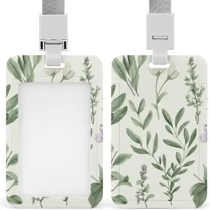 Green Flower Herb Sage Leaves And Branches ID Badge Holder Vertical Badge Reel with Detachable Neck Lanyard Slim ABS Plastic Card Holder for Work, Credit Cards, Secure Push-Pull Design, Durable Portab