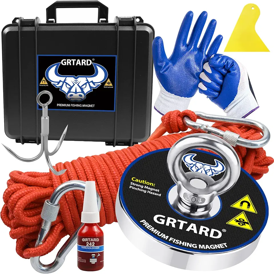 Grtard 1200LBS Fishing Magnet Kit, 3.55inch Diameter Magnets Fishing Kit with Case -Includes Grappling Hook, Heavy Duty 65FT Rope, Gloves & Locking Carabiner, Threadlocker, and Waterproof Carry Case