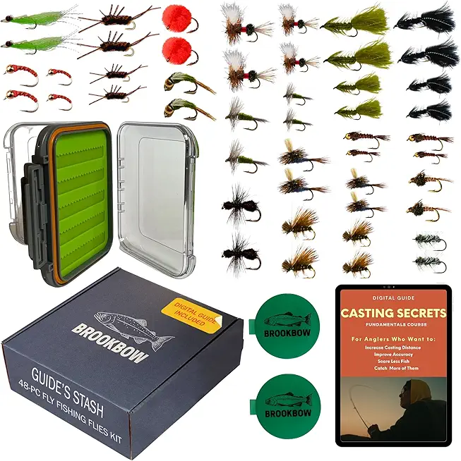 Guide's Stash Fly Fishing Flies Kit � 48 Premium Hand-Tied Flies for Trout, Bass & Panfish | Fly Casting Secrets Mini Class Included | Essential Fly Fishing Gear