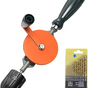 Hand Drill, Powerful 3/8 inches (1-10mm) Capacity Hand Drill Manual with Precision Keyless Drill Chucks, Cast Steel Manual Drill with 13Pcs Drill Bit Set for Wood Plastic, Orange