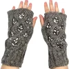 Hand Knit Dark Embroidered Leaf Fingerless Gloves Wool Texting Mittens Fleece Lined