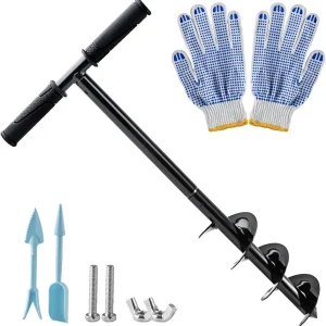 Hand Post Hole Digger - 24'' x 4" Earth Garden Auger Drill with Gloves, Non-Slip Handle, Spiral Drill Planter Bit for Planting Trees, Seedlings, Bedding Plants, Deep Cultivating, Digging Weeds Roots