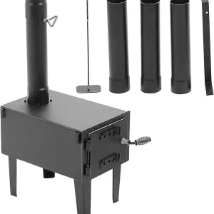 HECASA Outdoor Wood Burning Stove, Portable Heater with Chimney Pipe for Camping, Hiking, Fishing, Cooking and Indoor Use, Pipe Tent Stove with Large Firebox Black