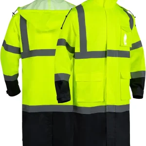 Hi Vis Safety Long Waterproof Jacket, Class 3 High Visibility Coat for Men, Construction Rain Gear