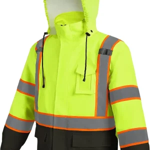 Hi Vis Safety Rain Jacket for Men Women Waterproof Breathable Rain Gears with Mesh Lining Black Bottom Lightweight Work Jacket (L/XL)