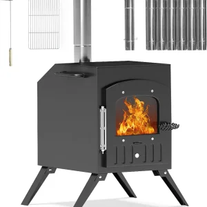 HOPUBUY Wood Stove Hot Tent Stove, Portable Camping Wood Burning Stove for Outdoor Cooking, Small Wood Stove with 7 Stainless Chimney Pipes,Larger Heating Range
