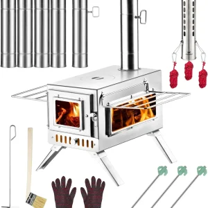 Hot Tent Stove, AVOFOREST 304 Stainless Wood Burning Stove, Portable Wood Stove with 6 Stainless Chimney Pipes for Outdoor Heating & Cooking, Ice Fishing, Hunting