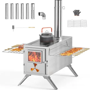 Hot Tent Stove, Camping Wood Stove for Tent, Portable Stainless Steel Wood Burning Stove with 7 Chimney Pipes for Wall Tent Camping, Cooking, Ice Fishing, Hunting, Boiling Water