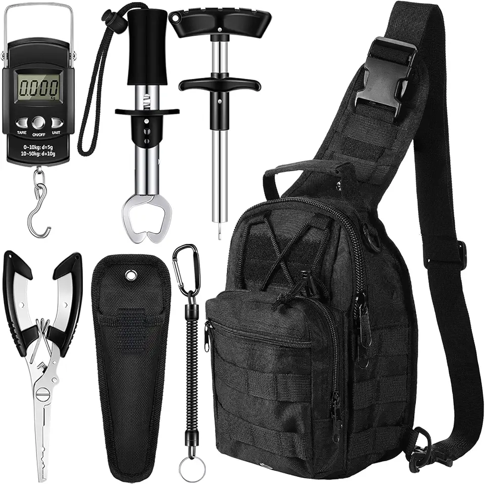 Hungdao 7 Pcs Fishing Backpack with Tackle Tool Kit Pliers Kit Gear Equipment Tackle Include Hook Remover Backpack Scale Gripper Weigh Separator
