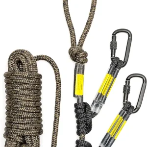 Hunting Safety Rope 30ft with Two Prusik Knots and Carabiners for Hunters to Climb Tree Stands to Hang Ladder Stands or Bow Lifelines to Prevent Falls While Hunting on Stands.