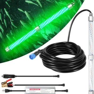 HUSUKU FS0-2 LED Underwater Fishing Light, 12V & 110V 16inch 200W 20,000LM 16.4FT Cord Green Night Fishing Finder, Glowing Fish Attractor, IP68 Submersible Boat Lamp for Snook Crappie Squid Shrimp